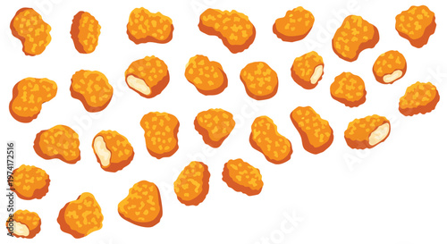 A cluster of various golden-brown, bite-sized food pieces with textured surfaces and some revealing creamy interiors. Isolated