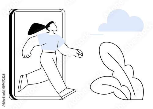 Digital transformation, connectivity, creativity, innovation, technology, freedom. A woman stepping out of a smartphone screen amidst minimal elements thumbs up clouds and leaves. Digital