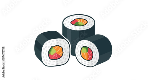 A simple, cartoon illustration of three sushi rolls. They have a dark, cylindrical outer layer and are filled with various ingredients. Each piece is on a white backdrop