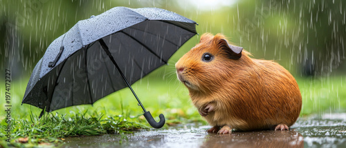 Adorable brown guinea pig sheltered by a tiny black umbrella in a gentle rain shower on green grass and wet ground