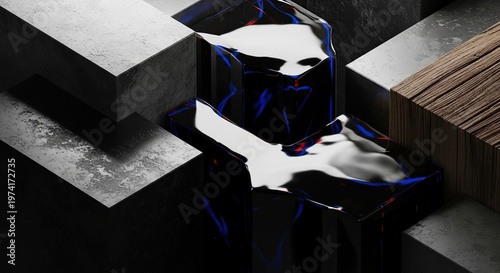 Abstract composition of geometric shapes and reflective surfaces.