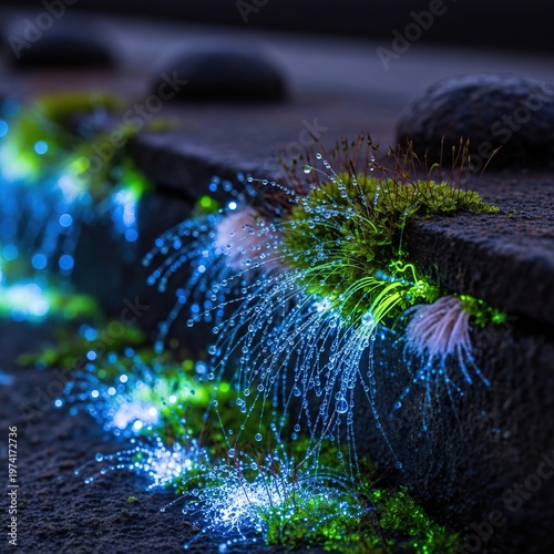 Glowing Fiber Optics Illuminate Mossy Stone Surface.