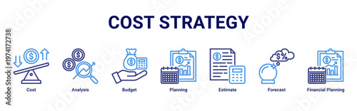 Cost Strategy web banner icon vector illustration with icons of Cost,Analysis,Budget,Planning,Estimate,Forecast and Financial Planning