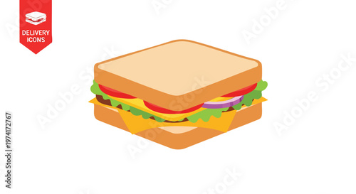 A vector illustration depicts an isometric view of a stacked sandwich with various fillings, representing a quick, portable meal