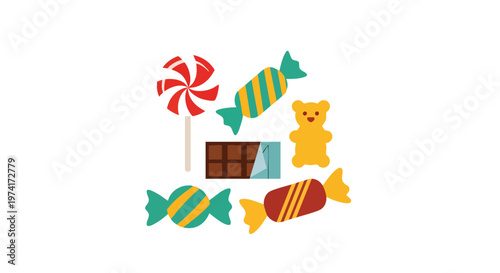 Assorted colorful candies and a chocolate bar arranged on a white background, including a lollipop, wrapped sweets, and a gummy bear