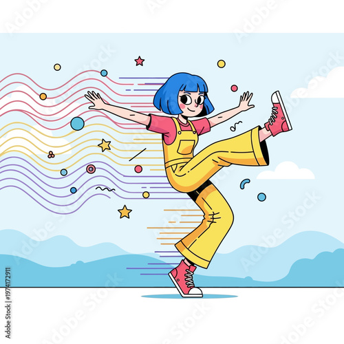 Cartoon girl with blue hair dancing.