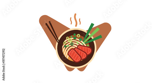 A flat illustration of a bowl of ramen, with noodles, meat, green onions, and chopsticks. A flavorful meal