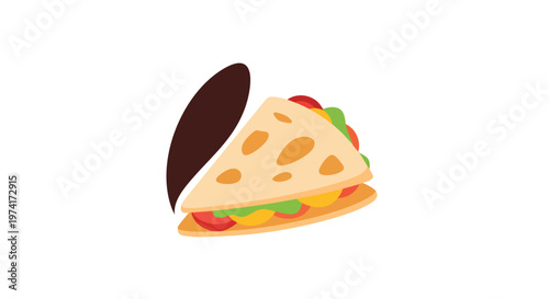 A graphic of a folded flatbread sandwich with various fillings like tomatoes, lettuce, and cheese, next to a dark brown shape