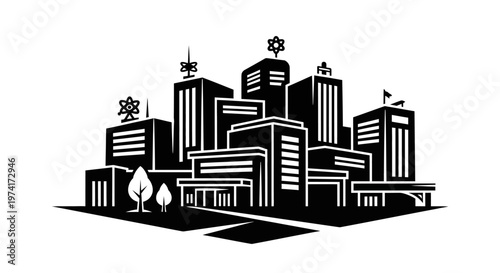 City skyline with tall buildings.