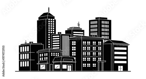 City skyline with tall buildings.