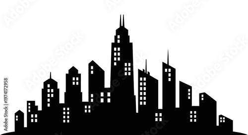 City skyline with tall buildings.