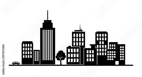 City skyline with tall buildings.