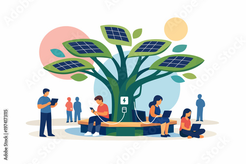 People using devices powered by a renewable solar panel tree concept