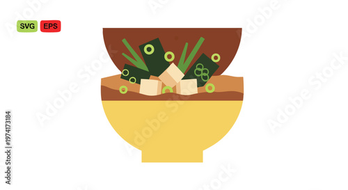 A flat illustration of a bowl filled with a brown broth, tofu cubes, seaweed, and green onion slices. It is a simple, appetizing composition