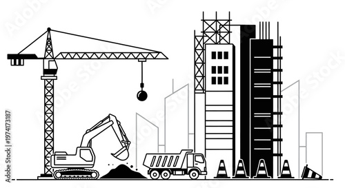 Construction site with crane and excavator.