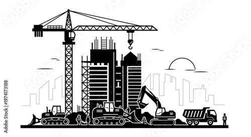 Construction site with crane and excavator.