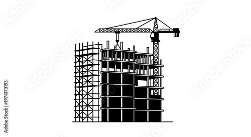 Construction site with crane and scaffolding.