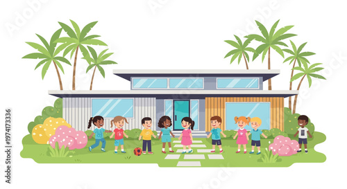 Children playing in front of a modern house on transparent background silhouette