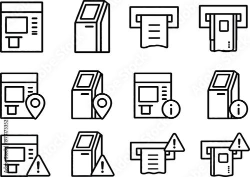 Self-service Terminal and Kiosk related line icon set. Interactive stand and Payment Terminal line vector icons.
