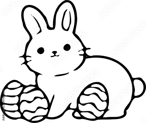 Cute Easter Bunny with Eggs Illustration, Kawaii Rabbit Line Art for Coloring Page