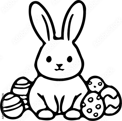 Cute Easter Bunny with Decorated Eggs Illustration, Kawaii Rabbit Line Art for Coloring Page