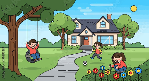 Children playing outdoors near a house with a swing on transparent background silhouette