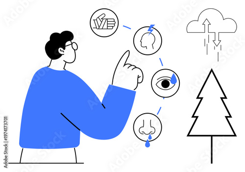 Senses concept. A man interacts with icons touch, sight, sound, smell, and connection to nature. Senses essential in understanding and interacting with the environment. For education, health