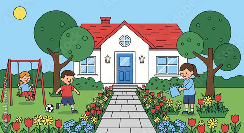 Charming house with children playing outside on transparent background silhouette