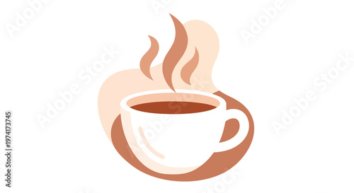A simplistic vector illustration showcases a white mug filled with a dark liquid. Steam rises from the mug, accented by a light brown shape, over a darker brown base