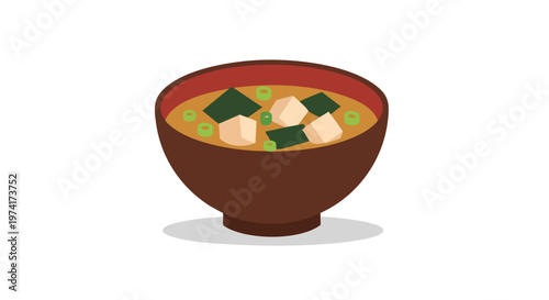 A cartoon-style illustration of a bowl filled with soup. It features chunks of tofu, seaweed and green onion slices. The bowl casts a shadow