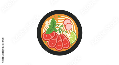 A flat-design illustration of a bowl of soup, filled with broth, noodles, meat, vegetables, and garnishes, set against a white backdrop