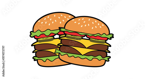 A cartoon-style illustration of two overlapping, stacked burgers featuring sesame seed buns, cheese, patties, pickles, tomato, and lettuce
