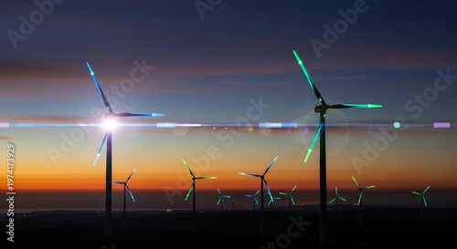 Wind turbines generating clean energy at sunset.