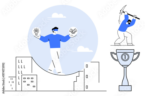 Business success concept. Business ed by partnership, innovation, and goals. Business achievement enhanced through teamwork, innovation, hard work. For startups, corporate strategy leadership