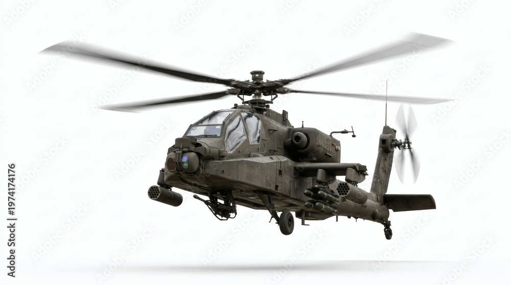Fototapeta premium Military Attack Helicopter in Flight Isolated on White Background, Armed Combat Rotorcraft with Dynamic Perspective and Advanced Aviation Technology