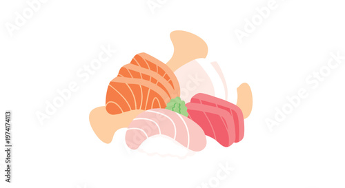 Illustration of stylized sushi and sashimi. It features various pieces of raw fish with wasabi and abstract organic shapes on a white background