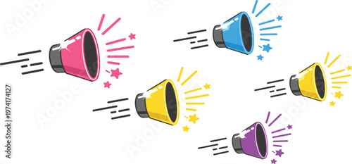 Colorful Megaphone Illustration Set Featuring Loudspeaker Icons with Sound Waves and Motion Effects for Marketing, Announcement, and Communication Design
