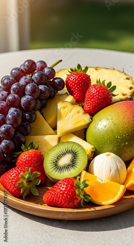 Colorful fruit platter with grapes, strawberries, kiwi, mango, and pineapple.