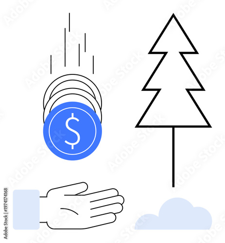 Green economy, financial growth, ecological investments, nature funding, sustainability, eco-consciousness. Blue coins falling into a hand, tree and cloud in minimal design. Green economy