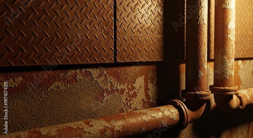 Rusty Pipes and Metal Wall in Industrial Setting.
