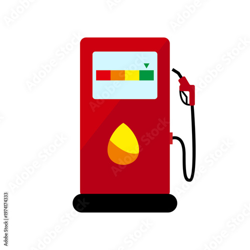 Isolated Red Gas Pump Icon with Nozzle, Fuel Hose, Drop, and Level Display for Automotive Transport and Service Station Concepts. Vector Flat Design Illustration on White Background. Vector EPS 10.