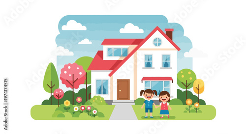 Charming house with two children in front on transparent background silhouette