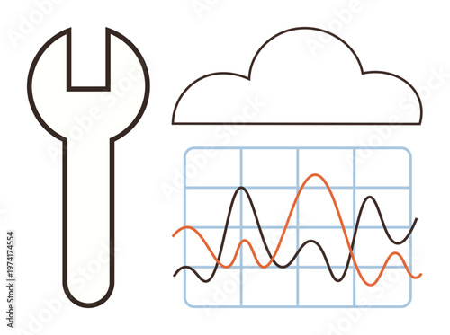 Data analysis, cloud technology, system repair, IT services, innovation, maintenance. A wrench, cloud and line graph are . Data analysis and cloud technology