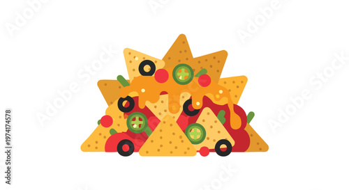 A flat-design illustration of a pile of corn chips loaded with cheese, olives, jalapenos, and tomato. Isolated on a white background