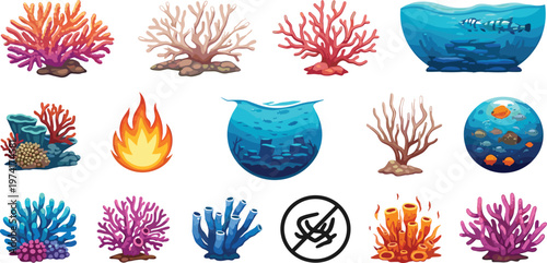 Coral Reef Health and Threat Illustration Set Featuring Healthy Coral, Bleaching, Ocean Pollution, Fire Hazard, and Marine Ecosystem Conservation Concept