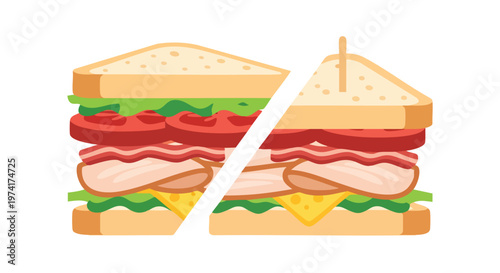 A colorful, split illustration of a club sandwich. One side reveals the inner layers of tomatoes, bacon, and chicken/turkey