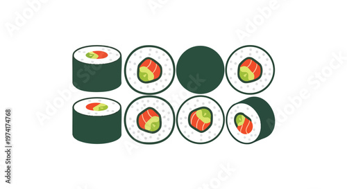 Illustration of several sushi rolls presented on a clean white background. Various perspectives and views. Japanese cuisine