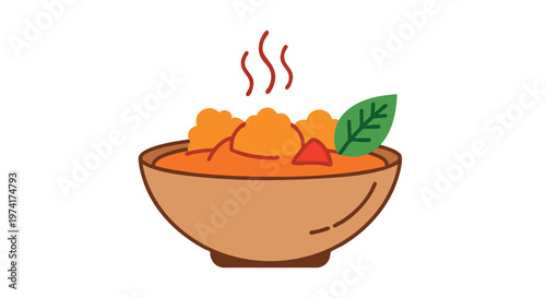 A cartoon-style illustration of a bowl filled with an orange stew or soup, topped with spherical dumplings, a leaf, and steam