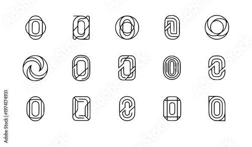 Abstract line letter O and number 0 logo set with modern minimal monoline business branding symbols isolated on white background
