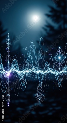 Mystical Nightscape - Serene Forest and Illuminated Sound Waves.